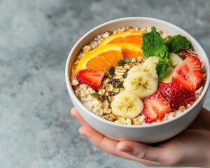 Oatmeal bowl with sliced fruit and seeds on rustic table, plantbased eating, morning routine concept