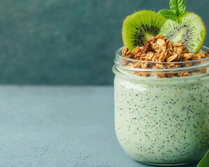 Chia pudding with plant milk, granola and kiwi in glass jar, plantbased eating, nutrientdense breakfast shot