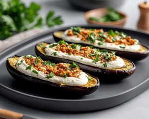 Vegan meal with eggplant steaks and cashew cream, plantbased eating, elegant plated dinner option
