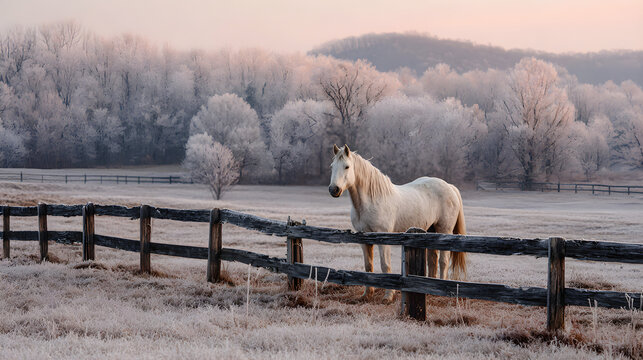 Frosty pasture at sunrise with white horse near weathered fence