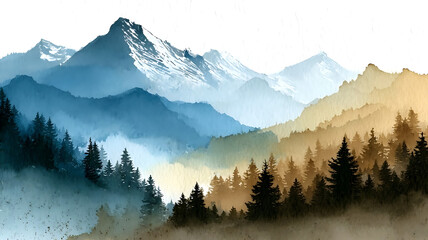 A misty mountain range with snow capped peaks and a dense forest of evergreen trees in the foreground