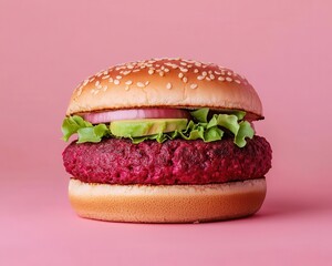 Vegan burger with beet patty, avocado, and whole grain bun, plantbased eating, casual plantforward dining