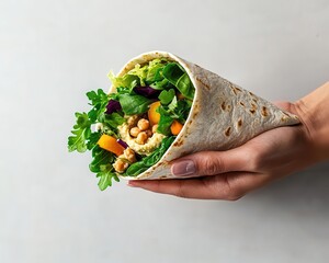 Hand holding a colorful vegan wrap with hummus and greens, plantbased eating, dynamic lifestyle image