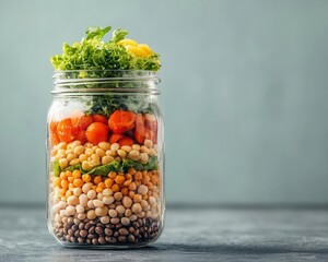 Mason jar salad with layered legumes and lemon vinaigrette, plantbased eating, portable health lunch
