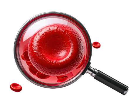 A detailed illustration of a human blood cell viewed through a magnifying glass, isolated on black