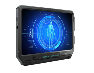 Futuristic digital display unit with a glowing human anatomical model