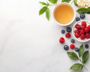 Clean breakfast spread with oat bowl, berries, and herbal tea, plantbased eating, serene morning vibe