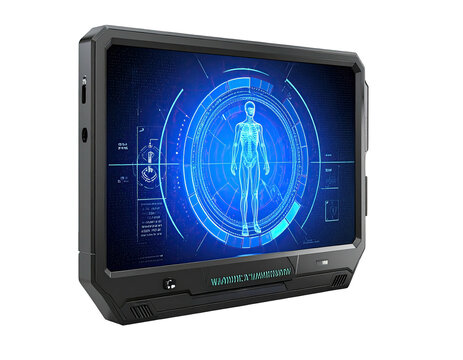 Futuristic digital display unit with a glowing human anatomical model