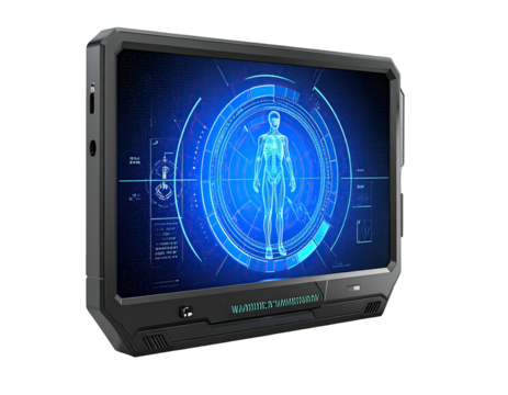 Futuristic digital display unit with a glowing human anatomical model