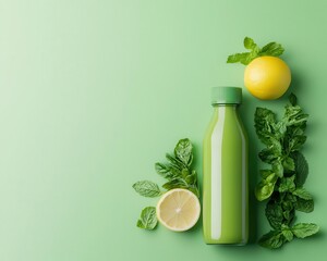 Minimalist smoothie bottle with fresh ingredients beside it, plantbased eating, product mockup aesthetic