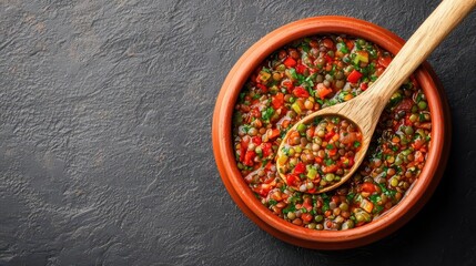 Colorful lentil stew in clay pot with rustic wooden spoon, plantbased eating, traditional global comfort food