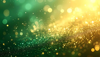 Green and gold sparkling bokeh with shimmering festive glitter and soft glowing light, elegant abstract Christmas holiday background
