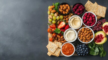 Vegan charcuterie board with nuts, fruits, crackers and hummus, plantbased eating, partyfriendly snack layout