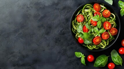 Zucchini noodles with pesto and cherry tomatoes in modern bowl, plantbased eating, lowcarb green meal