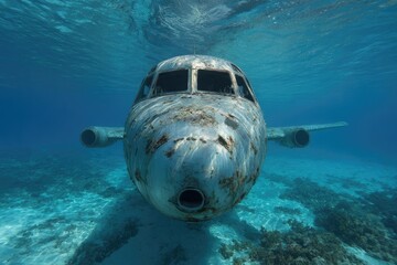 Underwater front view of a weathered aircraft fuselage, surrounded by turquoise water and coral