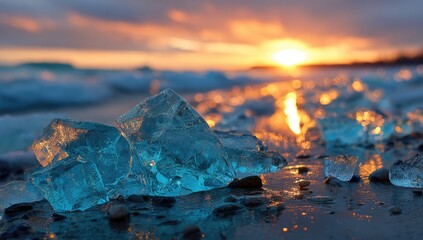 Sunset illuminates icy, fractured forms along a shoreline. Soft waves and blurry horizon complete the scene