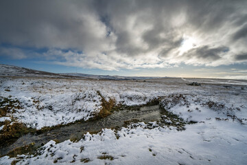 Dramatic snowy landscape of Dartmoor