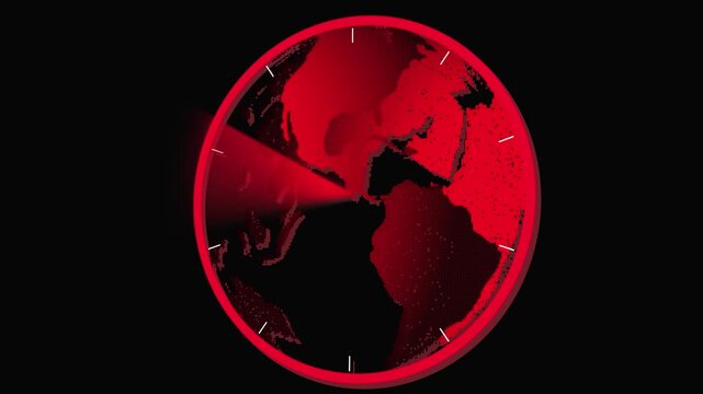 Red Pixelated Globe with Clock Face and Spotlight Effect on animation Black Background earth world. Animated red pixel Earth with clock overlay and spotlight effect, global time concept and digital - Powered by Adobe