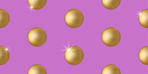 Seamless pattern of floating shiny gold spheres or balls with light reflections on a vibrant magenta pink background. Repetitive minimal luxury design from the 90s 2000s. Editable vector illustration.