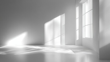 A bright, empty, white room with expansive windows casting shadows and sunbeams on the floor and walls