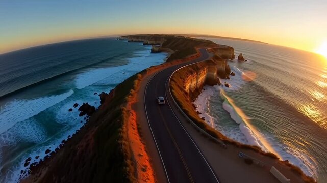 Scenic coastal drive at sunset with ocean view