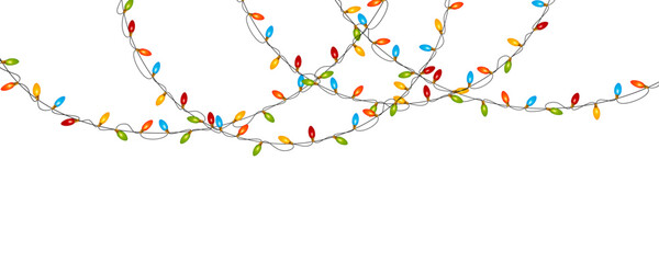 Fototapeta premium Multicolored Christmas or holiday string lights border hanging from the top on a white background. Festive seasonal decoration element illustration.