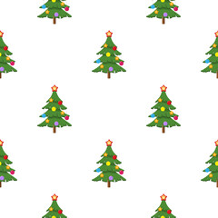 Seamless Christmas pattern featuring decorated cartoon pine trees or Christmas trees with ornaments and a star topper on a white background. Editable vector illustration.