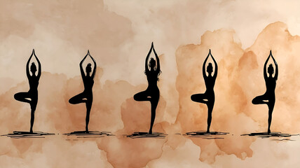 Silhouette yoga poses in tree pose against a watercolor background in shades of brown and beige color palette