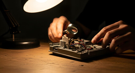 Expert hands meticulously repairing electronic device under focused lamp light with magnifying glass, perfect for technology, repair, and DIY projects