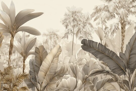 Serene landscape illustration featuring lush tropical foliage, palms, and intricate leaves in muted earth tones