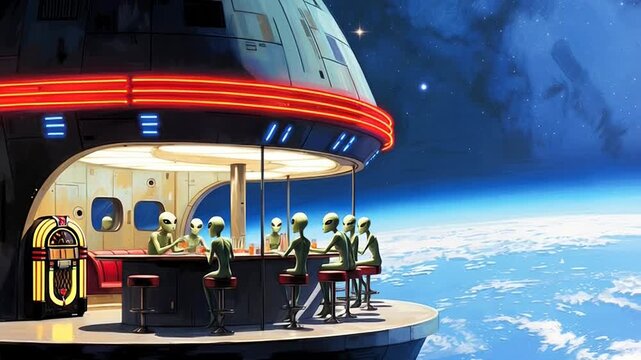 Aliens enjoying drinks at space bar Earth