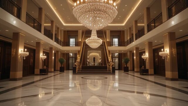 Elegant lobby showcasing grand chandeliers, marble flooring, staircase, and luxurious interior design elements.