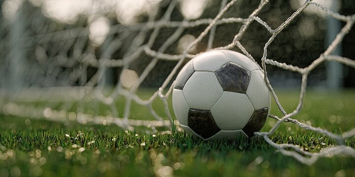 A soccer ball nestles in the goal net on a grassy field, the blurry backdrop suggesting a game's end