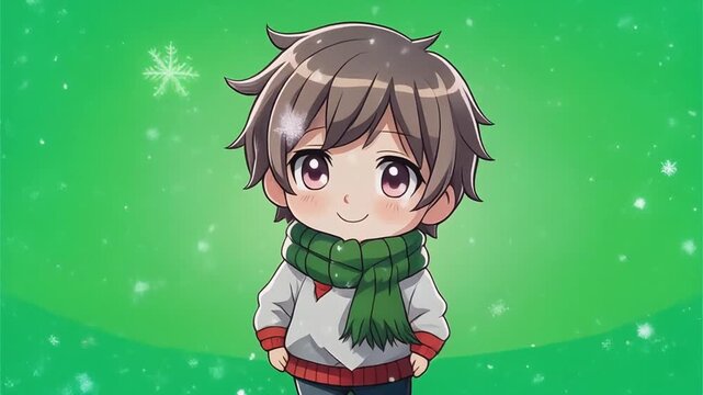 A cute anime-style boy with brown hair and a green scarf smiles against a green backdrop with a snowflake, perfect for holiday greetings.