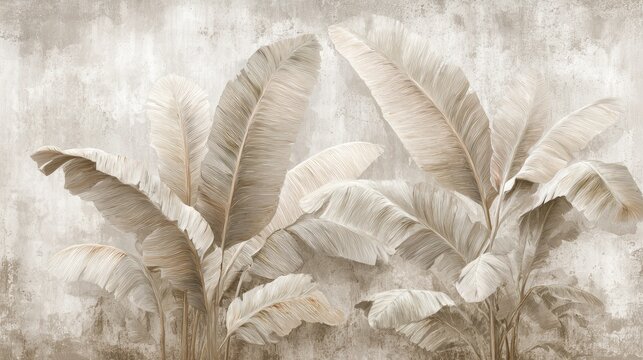 Neutral-toned mural featuring stylized banana leaf plants against a mottled, textured backdrop