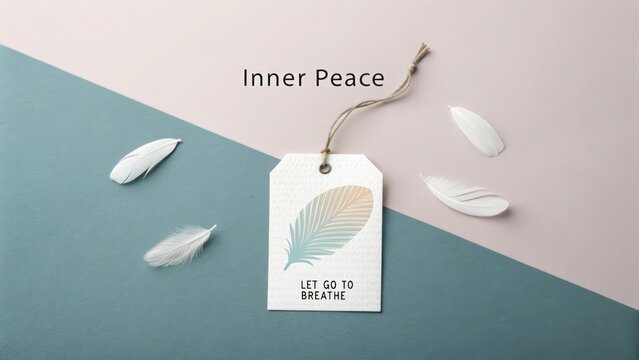 A tag with a feather and message promoting inner peace