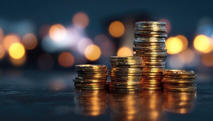 Close-up shot of four stacks of golden coins with blurred bokeh lights in the background