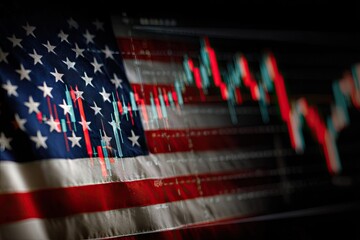 A United States flag overlaid with a stock market graph, indicating economic trends