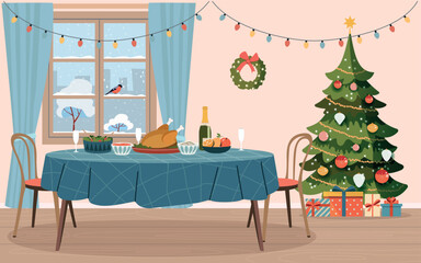 Living room Christmas interior. Festive food table, Christmas tree,  window and gift boxes. Vector flat illustration