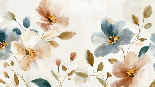 Watercolor floral design in muted tones of blue, beige, and brown. Light and airy aesthetic