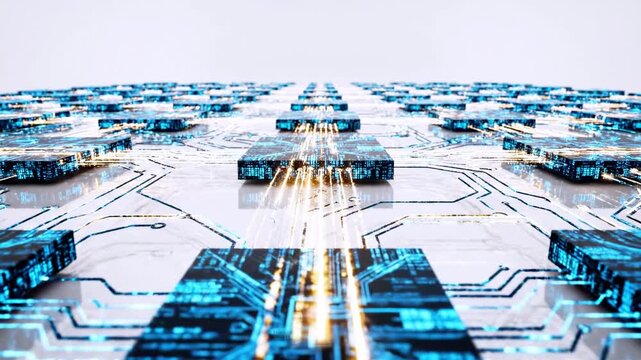 Abstract digital circuit board with blue and gold elements against a white backdrop