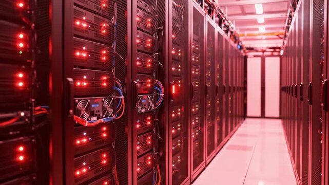 Data center server racks with a critical red alert light flashing. System failure or network error in a modern server room. Cybersecurity breach concept