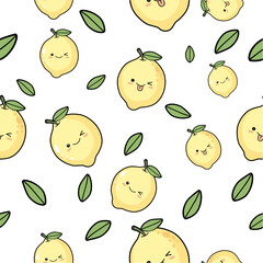 Cute Lemon Cartoon Seamless Pattern Design with Smiling Faces and Green Leaves