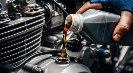 Mechanic expertly pours golden oil into motorcycle engine, ensuring smooth performance and longevity with care and precision maintenance