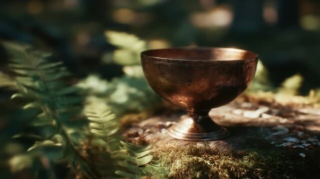 A chalice rests on moss-covered ground amid green foliage, sunlight filters through the woods