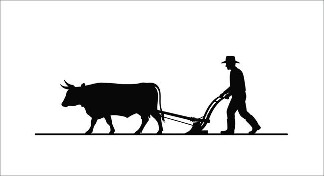 A silhouette of a farmer plowing a field with an ox