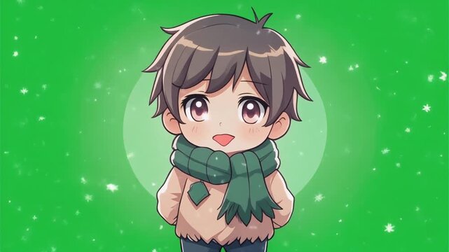 A charming anime-style chibi character with a warm smile, wearing a cozy scarf, set against a vibrant green background with subtle sparkles.