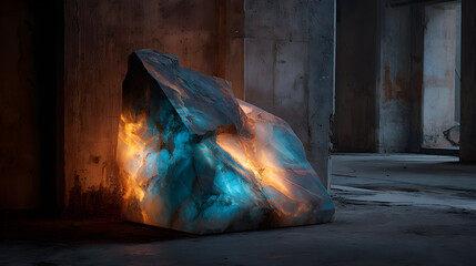 Abstract stone artwork glowing with blue and orange hues