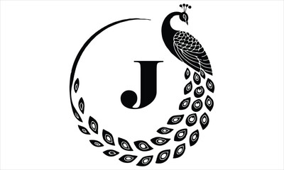 Letter J logo with a stylized peacock silhouette on bird