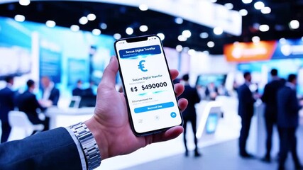 A hand holds a smartphone displaying a fingerprint on a screen with people blurred in the background